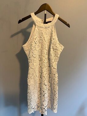 Lulu's Soft Blue Floral Crochet Halter Mini Dress